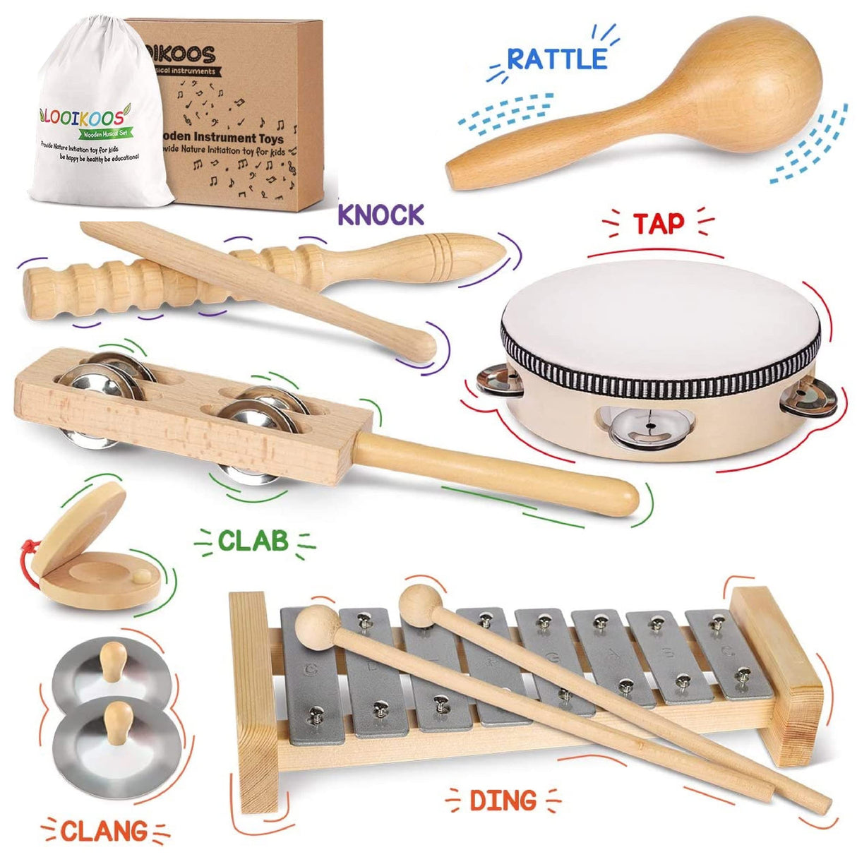 LOOIKOOS Toddler Musical Instruments, Eco Friendly Musical Set for Kids Preschool Educational, Natural Wooden Percussion Instruments Musical Toys for LOOIKOOS