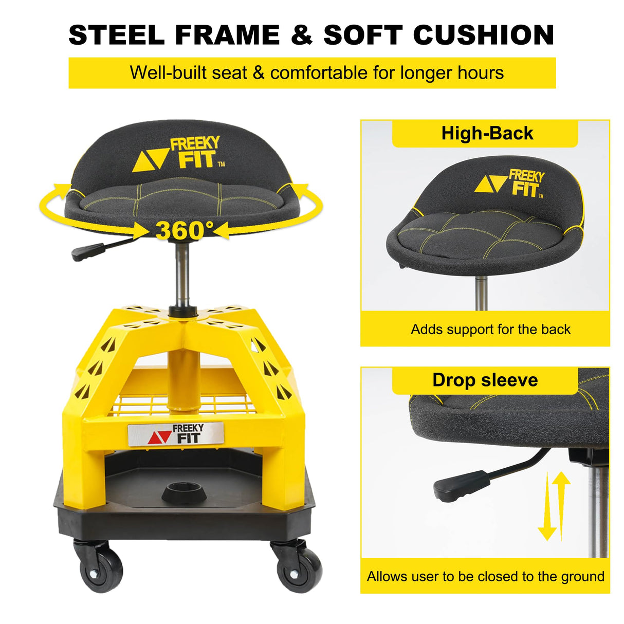 FreekyFit Rolling Shop Stool for Garage with Casters, DO02-Adjustable Height 360° Swivel Shop Seat with Tool Tray Storage, 330 LBS Capacity Padded FreekyFit