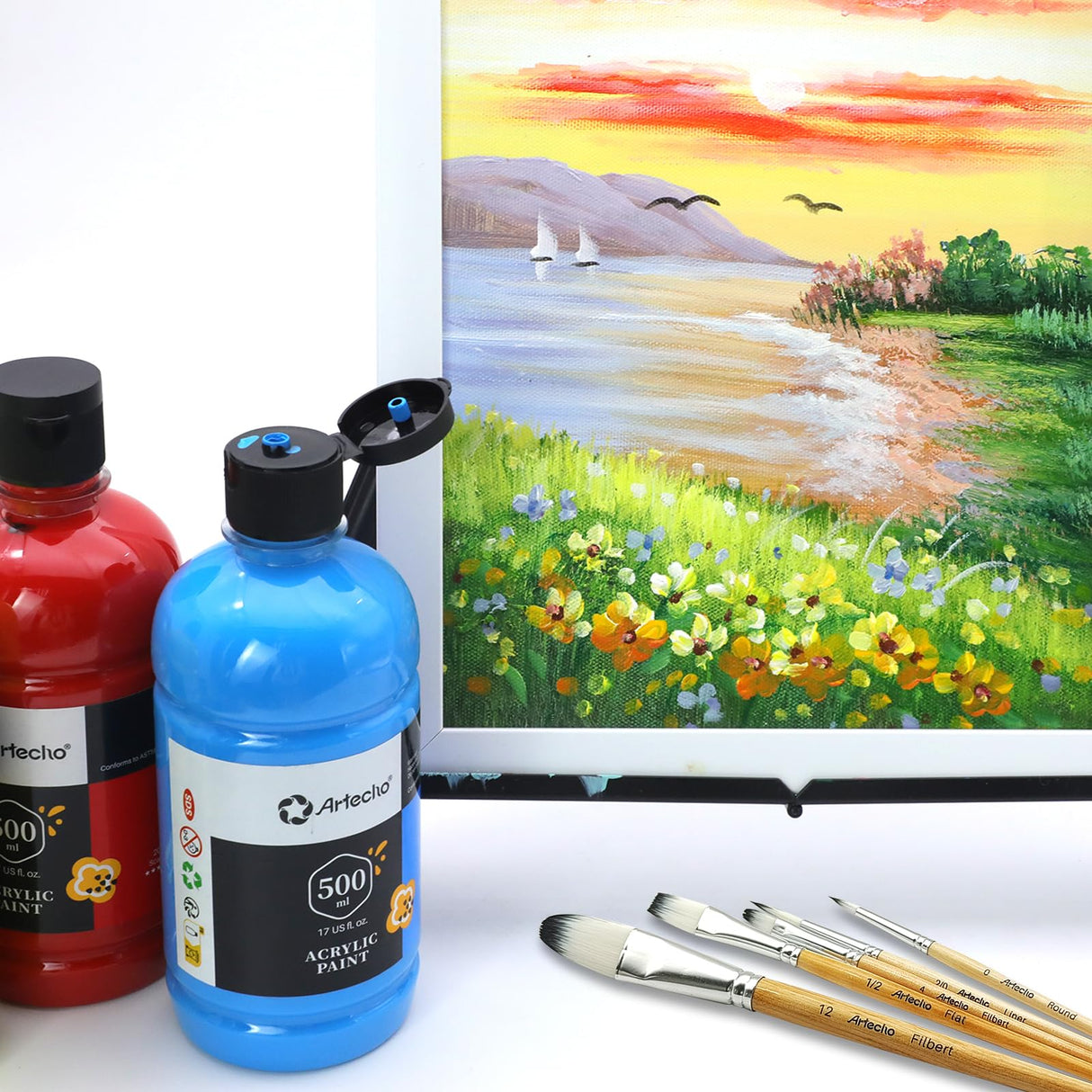 Artecho 12 Colors Large Bulk Acrylic Paint Set (500ml/17oz) Bottles, Art Craft Paint for Art Supplies, Canvas, Rocks, Wood, Fabric, Ceramic, Non Artecho