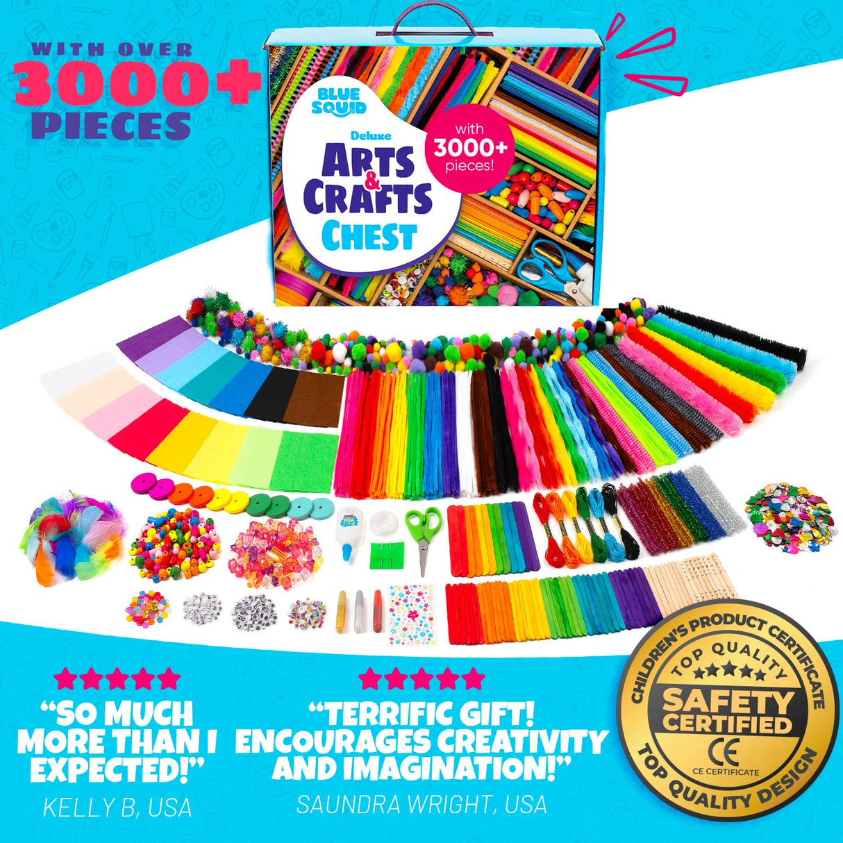 Blue Squid Arts and Craft Supplies for Kids - 3000+pcs Deluxe Craft Chest, Giant Arts and Crafts Kit, Craft Box of Art Supplies for Kids, Kids Craft Blue Squid