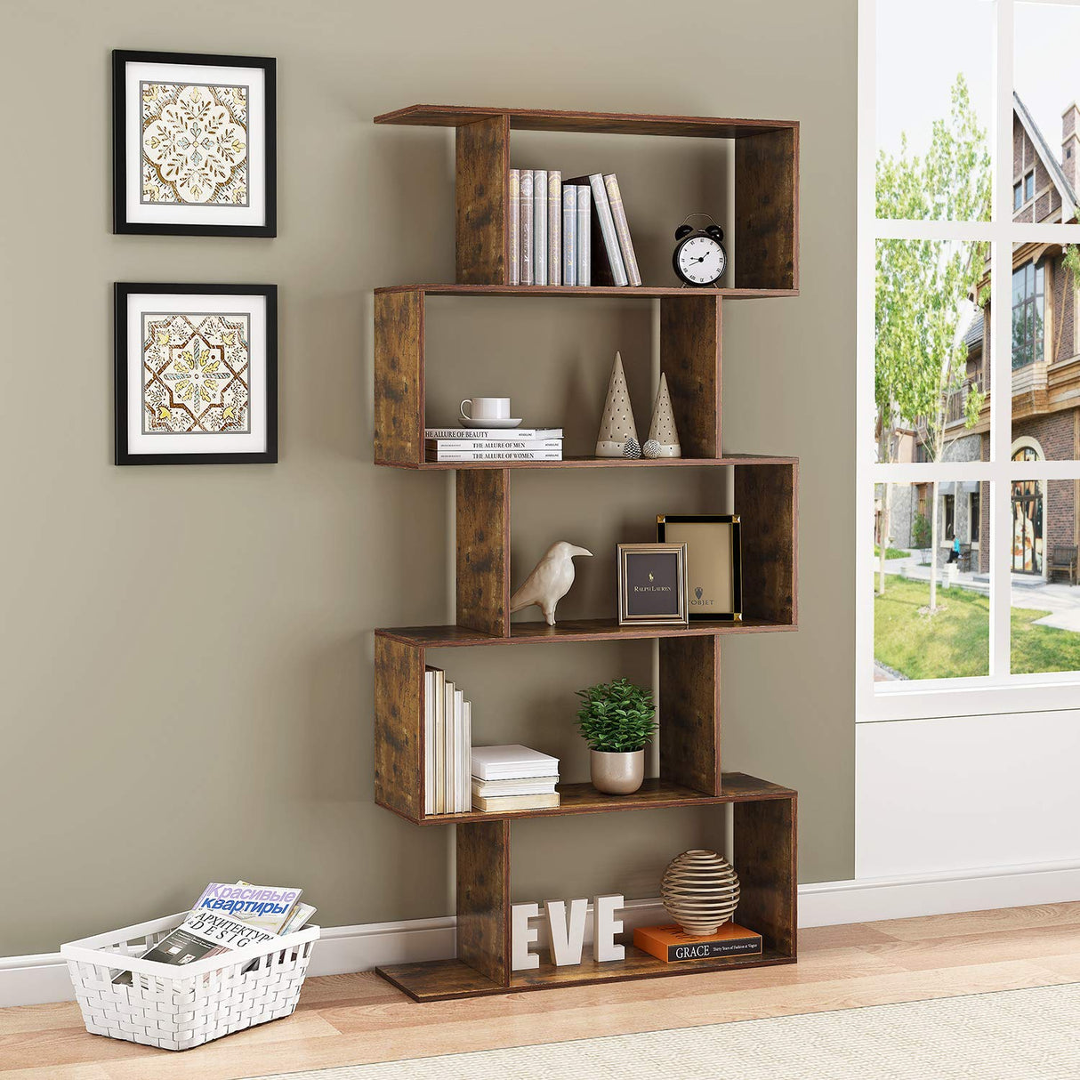 Yusong Rustic Brown 6-Tier S-Shaped Bookcase for Modern Home and Office Décor Yusong