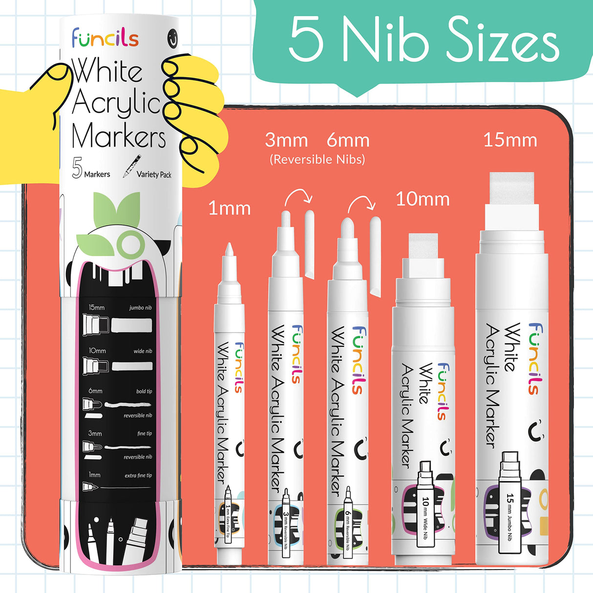 Funcils Acrylic Bundle - 5 White and Black Acrylic Paint Pens Funcils