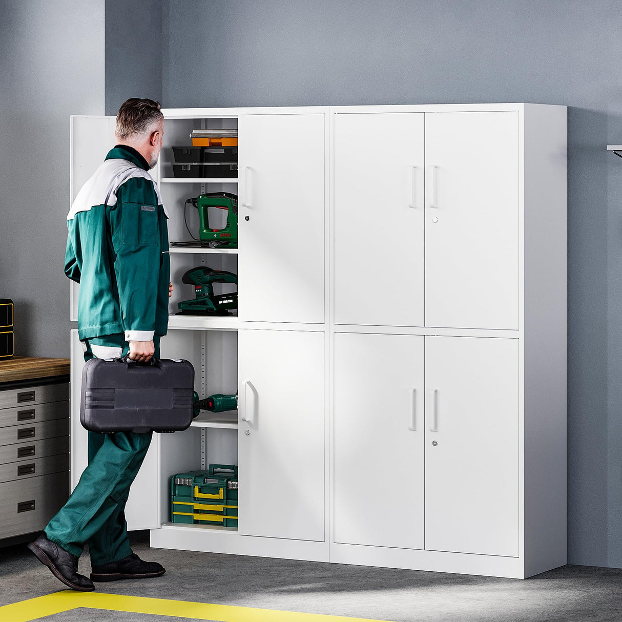 Letaya Metal Storage Cabinet with Lock Door, Adjustable Shelf Steel Cabinets for Office, Home,Pantry,Kitchen,Garage Utility Cabinet (4 Door-White) Letaya