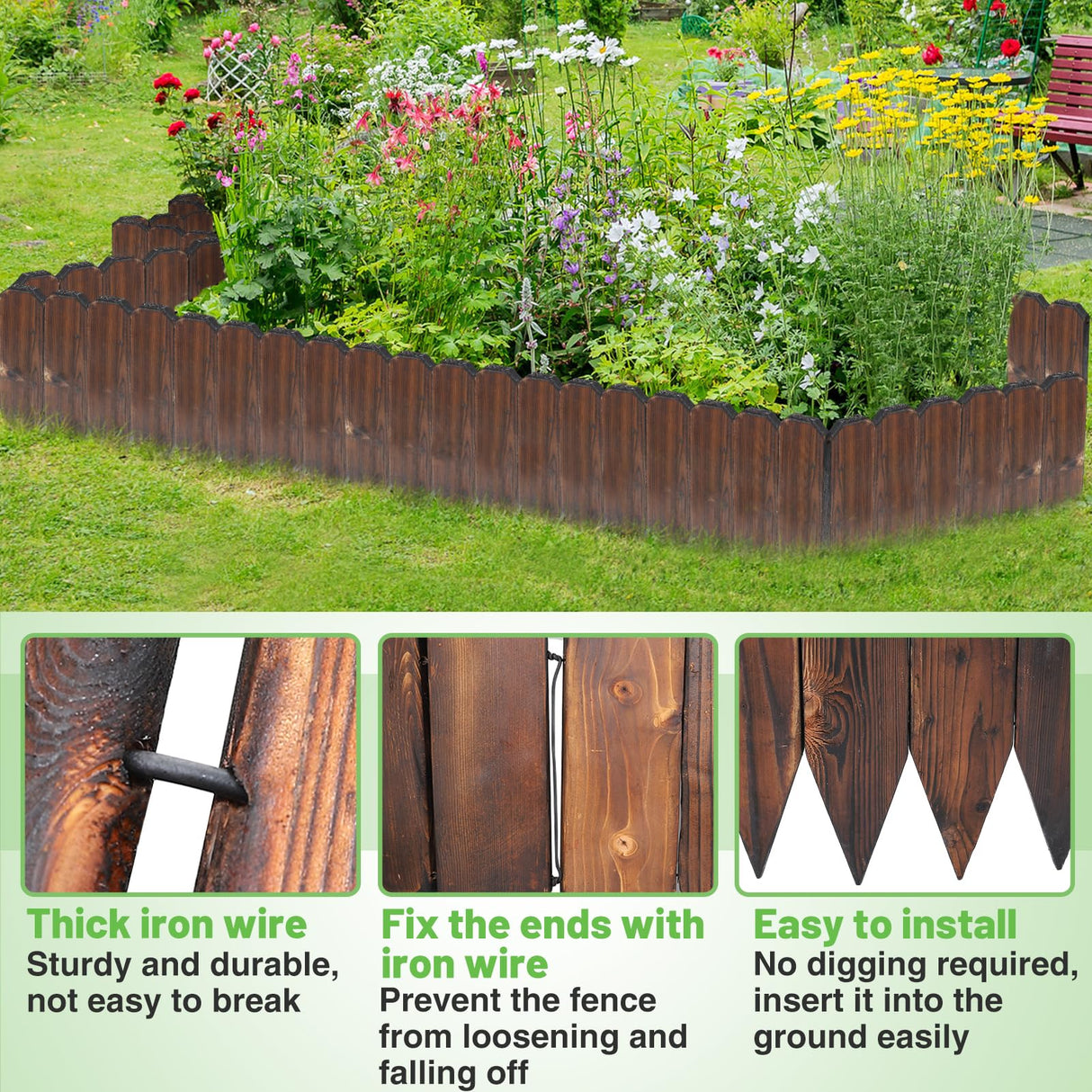 Wood Garden Fence - 13.1ft (L) x 11.8in (H) Pine Landscape Border Edging, Flexible Weather-Resistant Fences for Decorate Spring Outdoor Patio Yard Acostop
