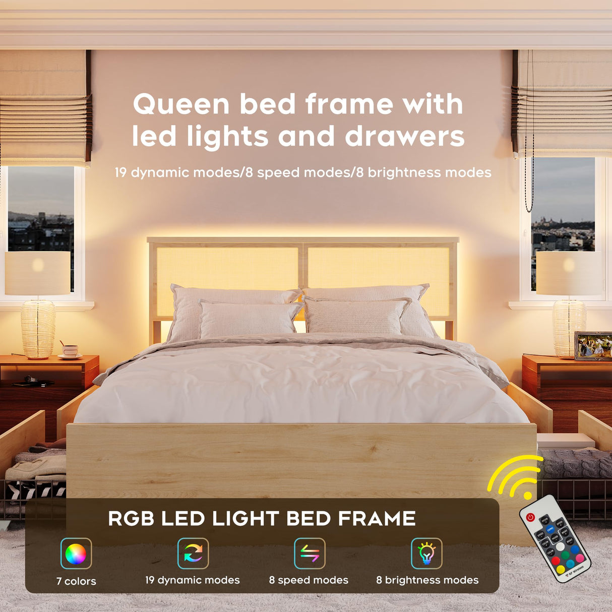 Brafab Natural Rattan Queen Bed Frame with Wooden Headboard & 4 Storage Drawers Brafab