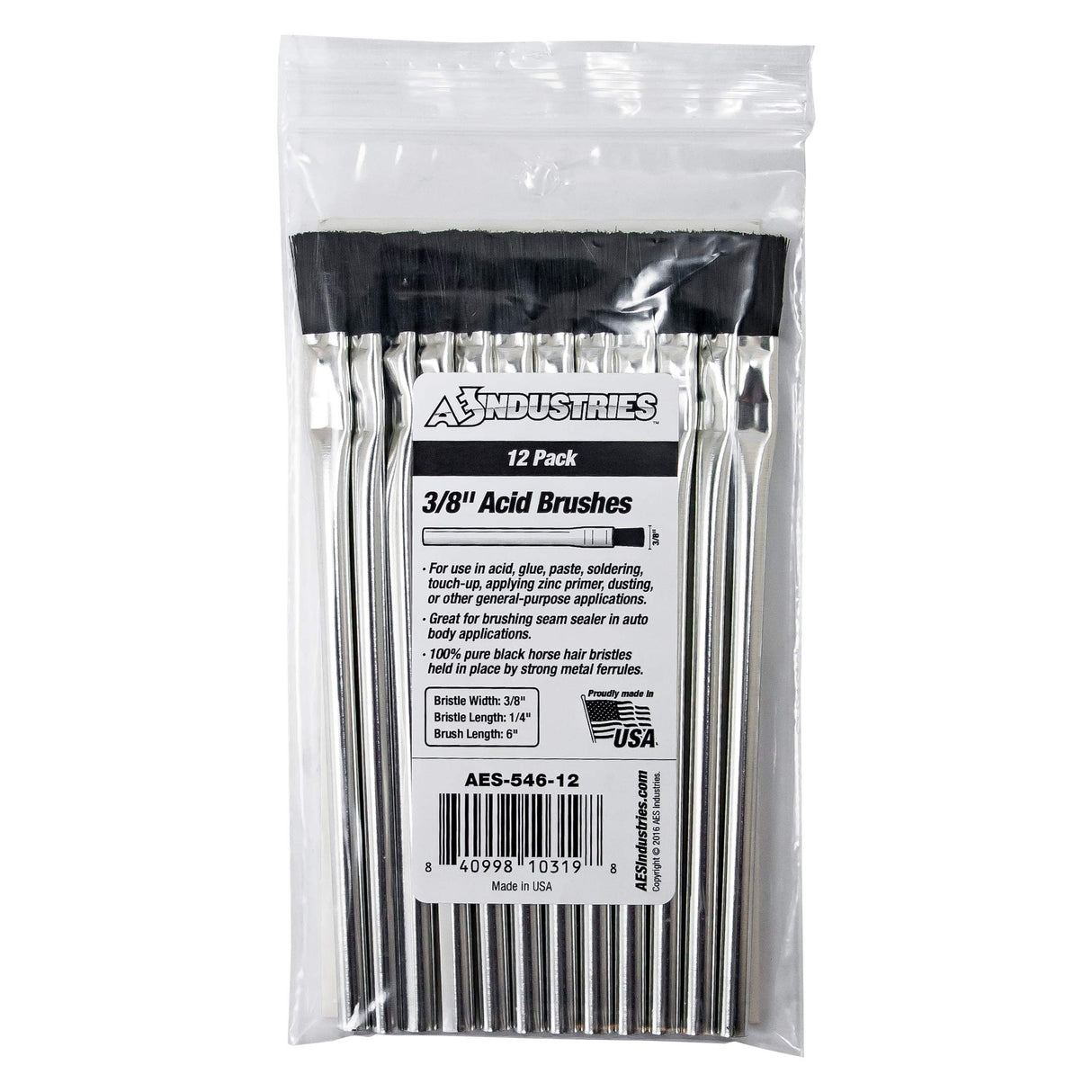 AES Industries 3/8" Wide Pure Horsehair Acid Brush with Tin Plated Handle - Made in the USA 12 Brush Pack AES Industries