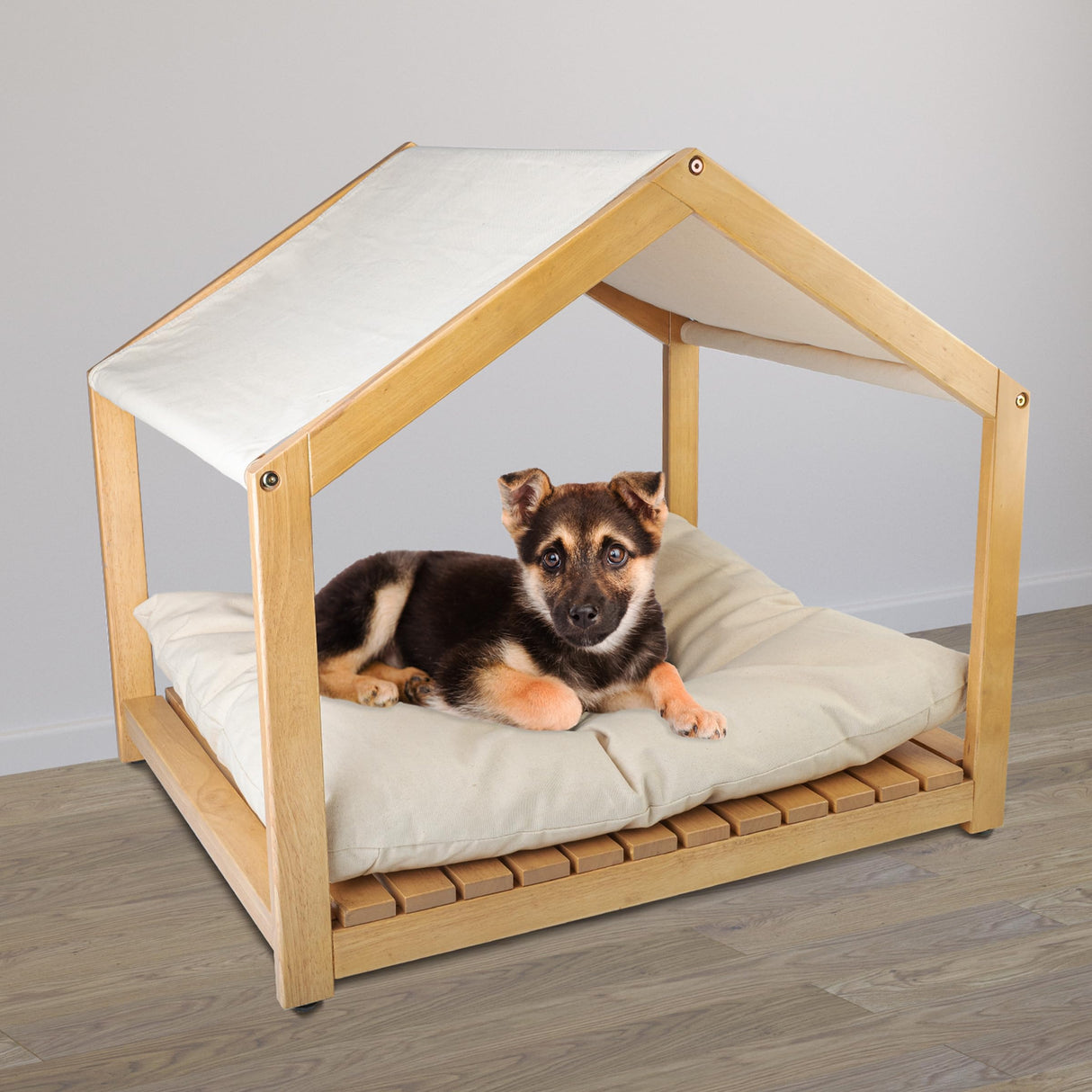 Dog House - 30x24-Inch Indoor Dog House with Soft Cushion and Adjustable Canopy - Wood Dog Furniture for Small to Medium Pets up to 70lbs by PETMAKER PETMAKER
