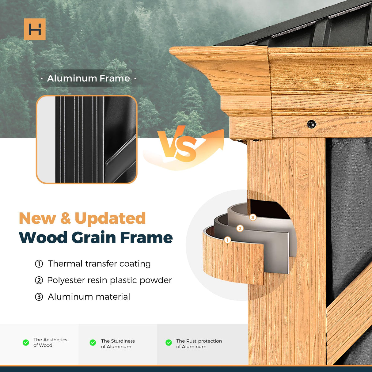 HAPPATIO 10' x 12' Hardtop Gazebo, Outdoor Wood Grain Frame Aluminum Metal Gazebo with Galvanized Steel Double Roof,Patio Gazebo Canopy with Netting HAPPATIO
