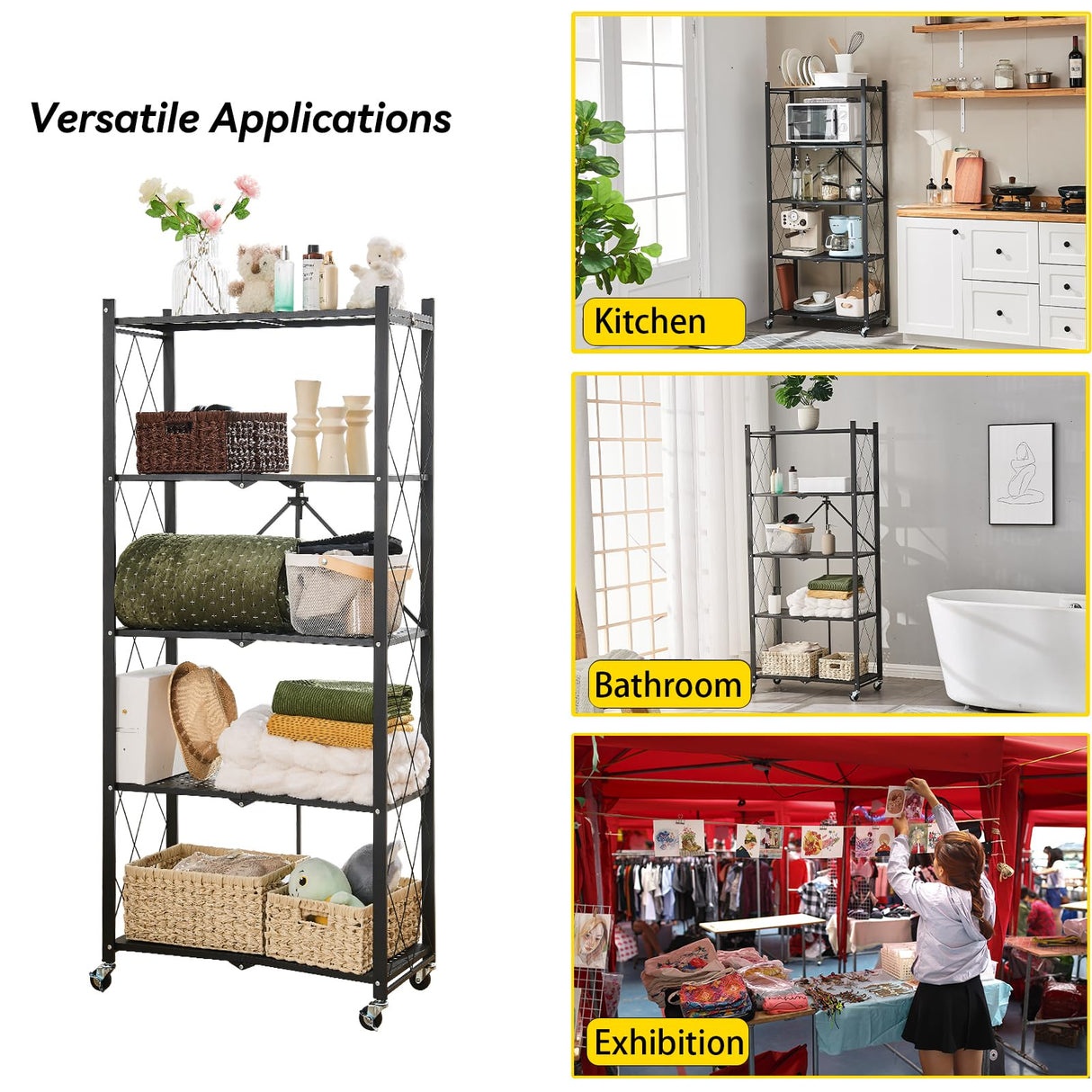 BRIAN & DANY 5-Tier Foldable Storage Shelves with Wheels, Folding Metal Rack Shelving Unit, Heavy Duty No Assembly Organizer Shelf for Garage, BRIAN & DANY