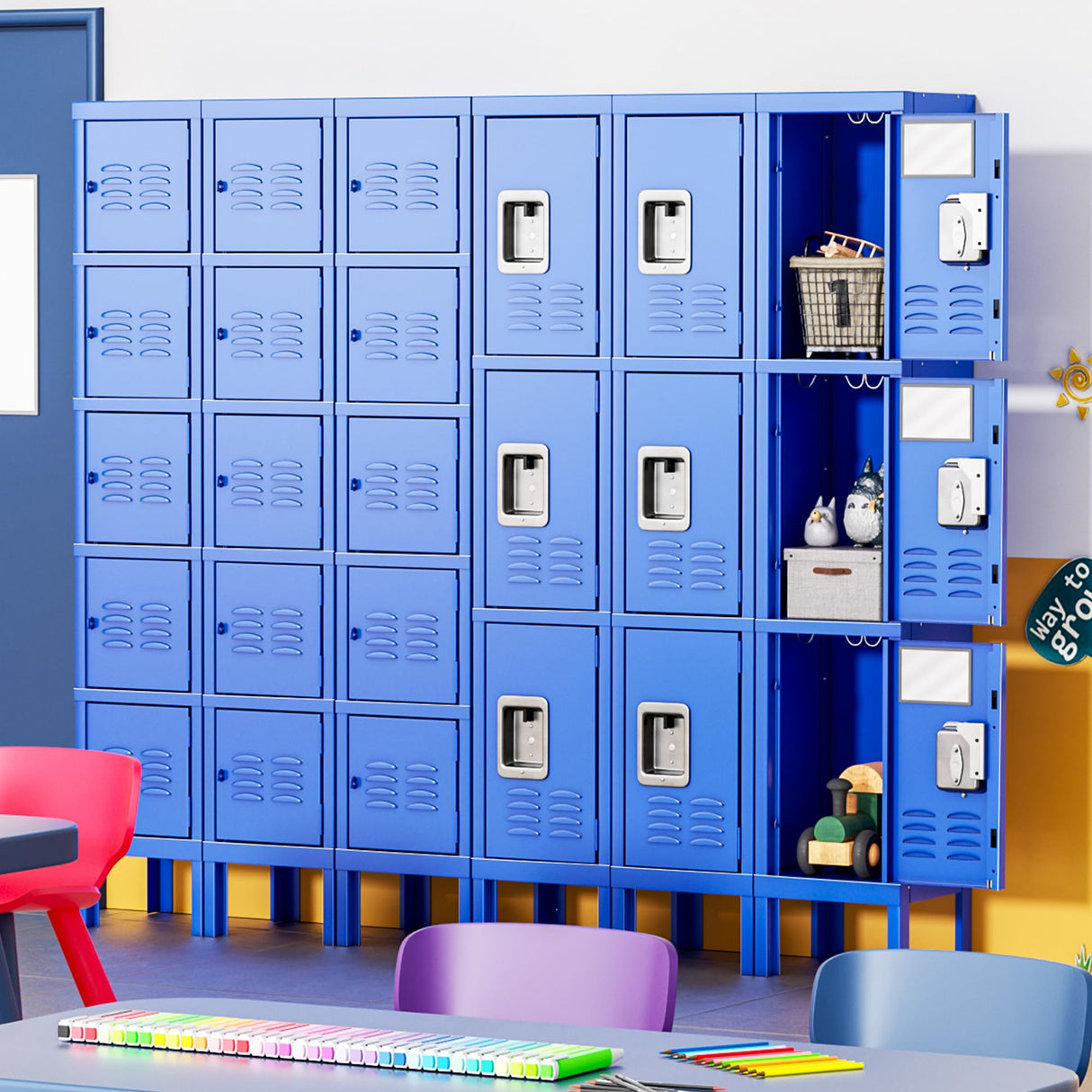 INTERGREAT Storage Locker for Employee,Office,Metal Gym Locker with 3 Door,Steel Blue Locker Cabinet Organization for School, Free Standing INTERGREAT