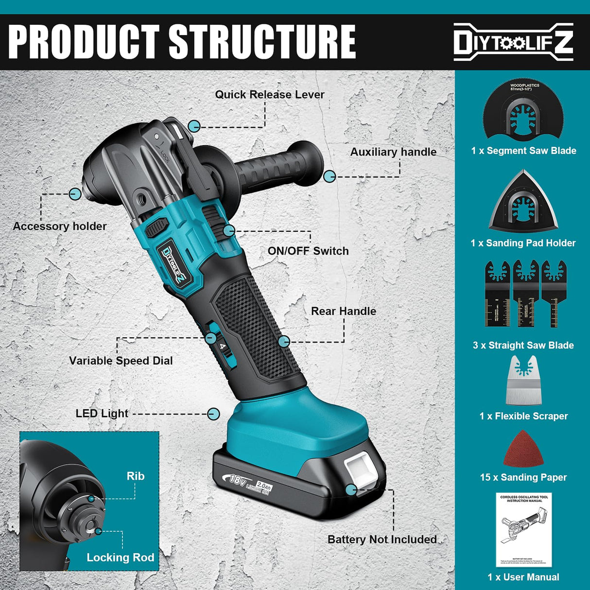 Cordless Oscillating Tool for Makita 18V Battery, 6 Variable Speed Brushless-Motor Tool, Oscillating multi tool kit for Cutting Wood Drywall Nails DIYtoolifz
