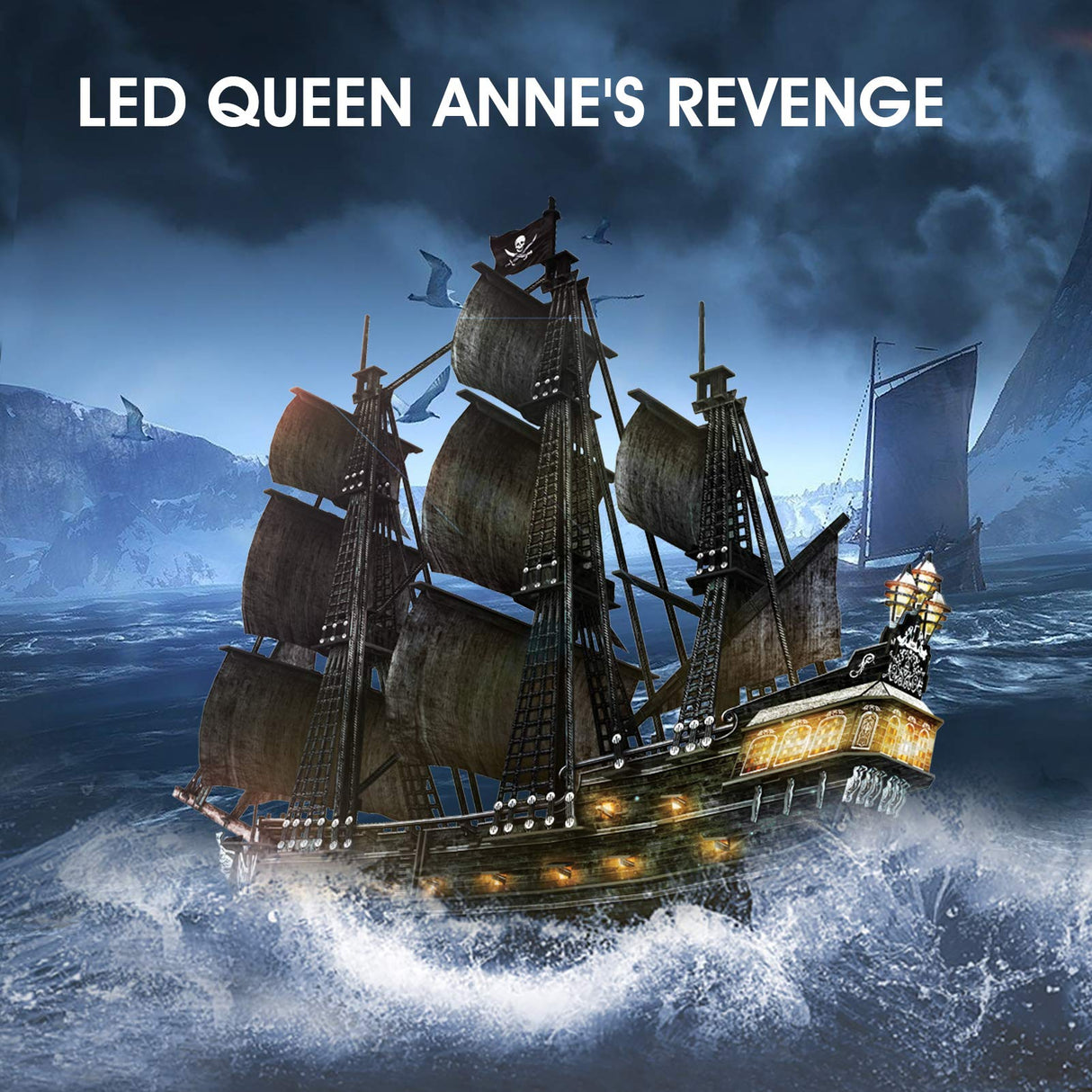 3D Puzzles for Adults - Led Pirate Ship Queen Anne's Revenge - Large 27'' Sailboat Hard Puzzles - Desk Decor House Warming Gifts New Home - CubicFun
