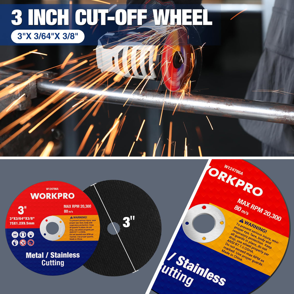 WORKPRO 20-Pack Cut-Off Wheels, 3 X 3/8-inch Metal&Stainless Steel Cutting Wheel, Thin Metal Cutting Disc for Angle Grinder WORKPRO