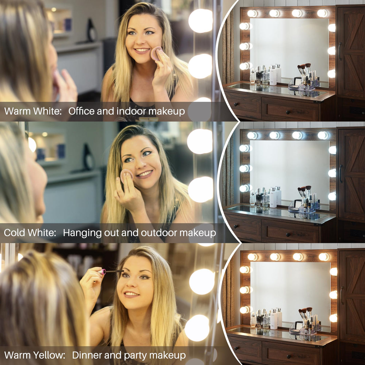 JXQTLINGMU Farmhouse Vanity Makeup Desk with Charging Station, 43" W Vanity Desk with Lights Mirror and Drawers for Makeup, Big Modern Makeup Vanity JXQTLINGMU