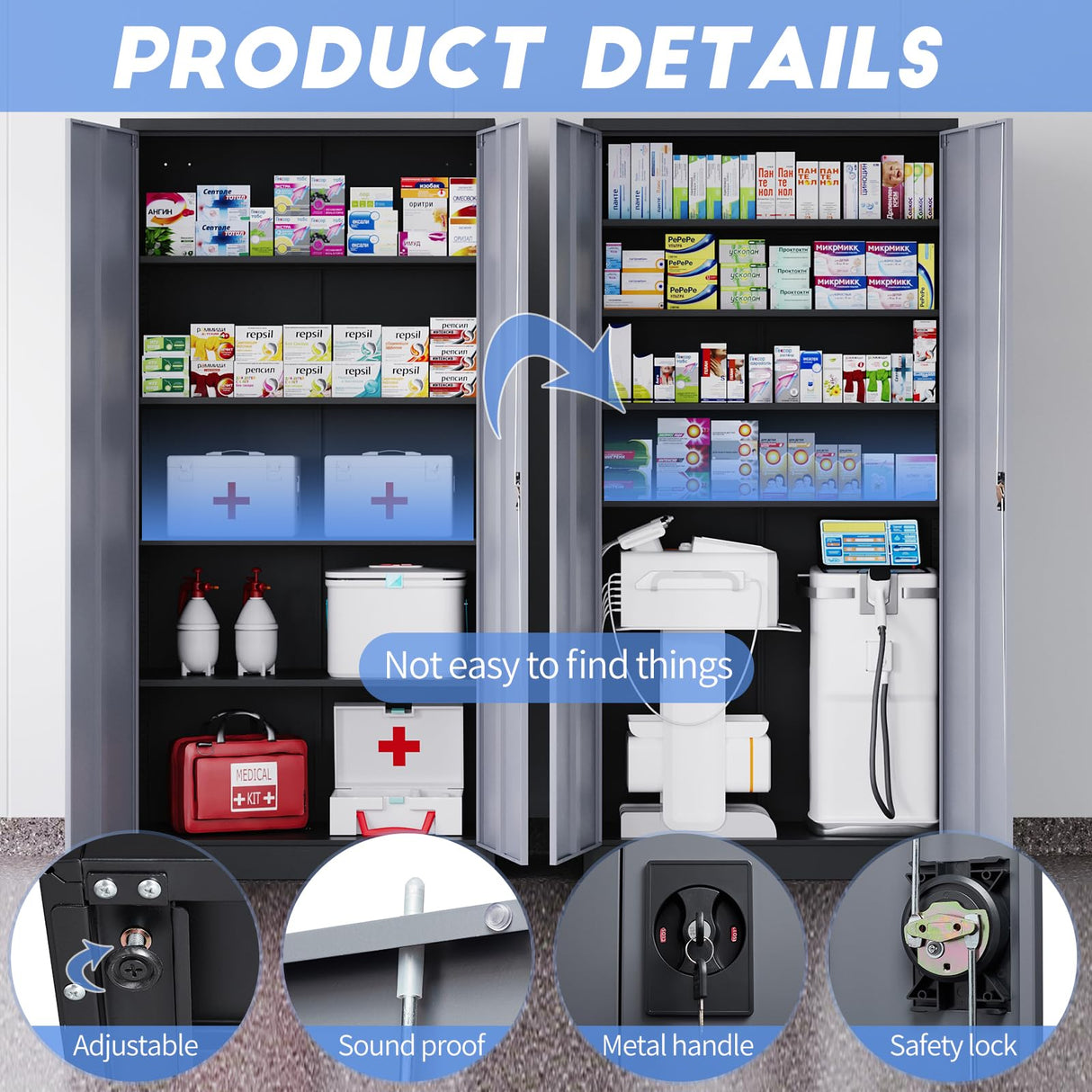 Yizosh Metal Garage Storage Cabinet with Lock, 71" Locking Tool Cabinet with 2 Doors and 5 Shelves, Tall Steel Cabinet for Garage, Heavy Duty File Yizosh