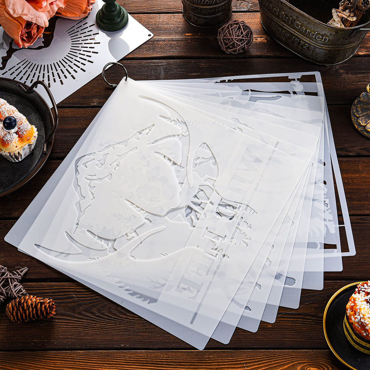 9 Pieces Forest Deer Mountain Stencils Moon Bamboo Pattern Stencils Animal Flower Reusable Templates Forest Theme DIY Stencils with Metal Open Ring Tenare