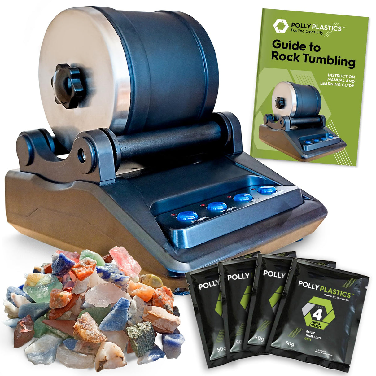 Polly Plastics Rock Polishing Kit with Rock Tumbler, Rough Gemstones, Professional Polishing Grits, and Guide to Rock Tumbling | Complete Hobby Polly Plastics
