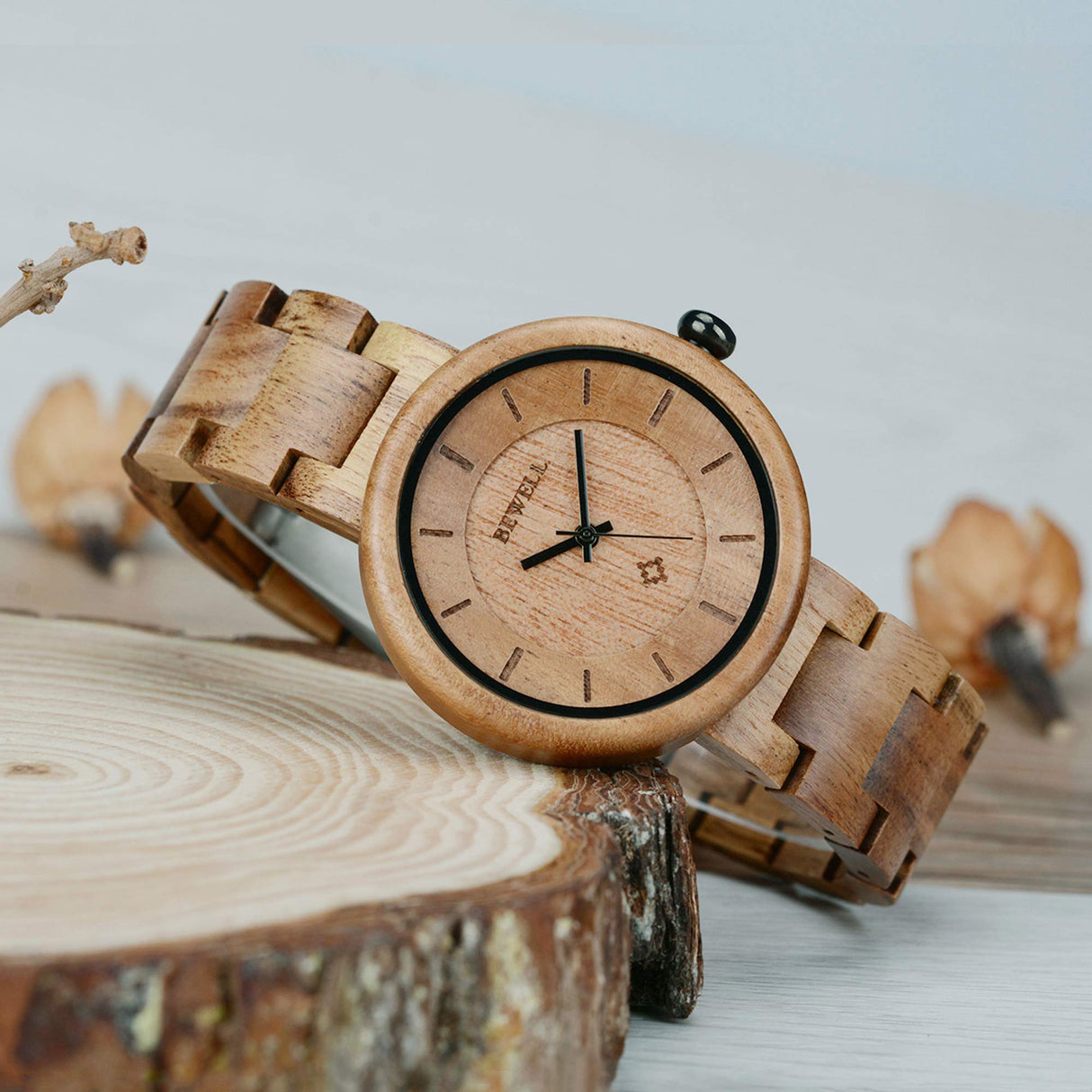BEWELL Wood Watches for Women, Handmade Wooden Watch with Lightweight Adjustable Wood Band, Natural Casual Fashion Quartz Wristwatch BEWELL