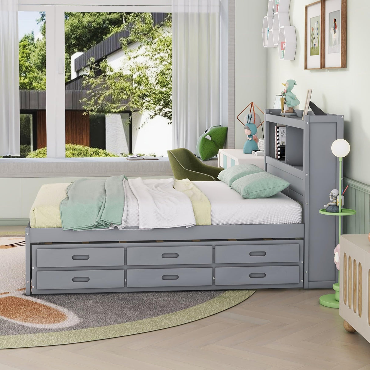 Harper & Bright Designs Grey Full Size Bed with Trundle, Bookcase Headboard, and USB Charging Station Harper & Bright Designs