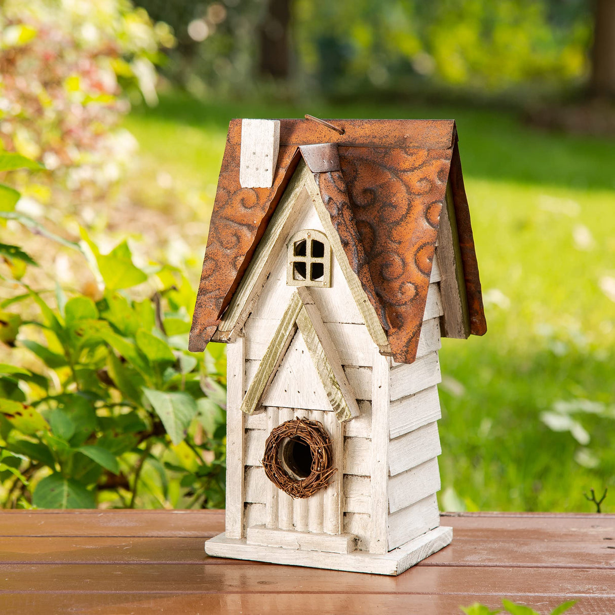 Glitzhome GH90086 Hanging Distressed Wooden Garden Cottage Birdhouse, White glitzhome
