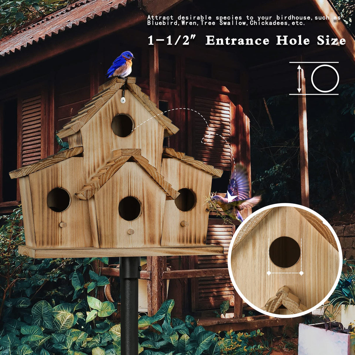 Bird Houses for Outside,Bluebird Finch 4 Room Outdoor Bird Houses for Garden, Up to 4 Bird Families, Large Hole for Bird Families' Needs NATUREYLWL
