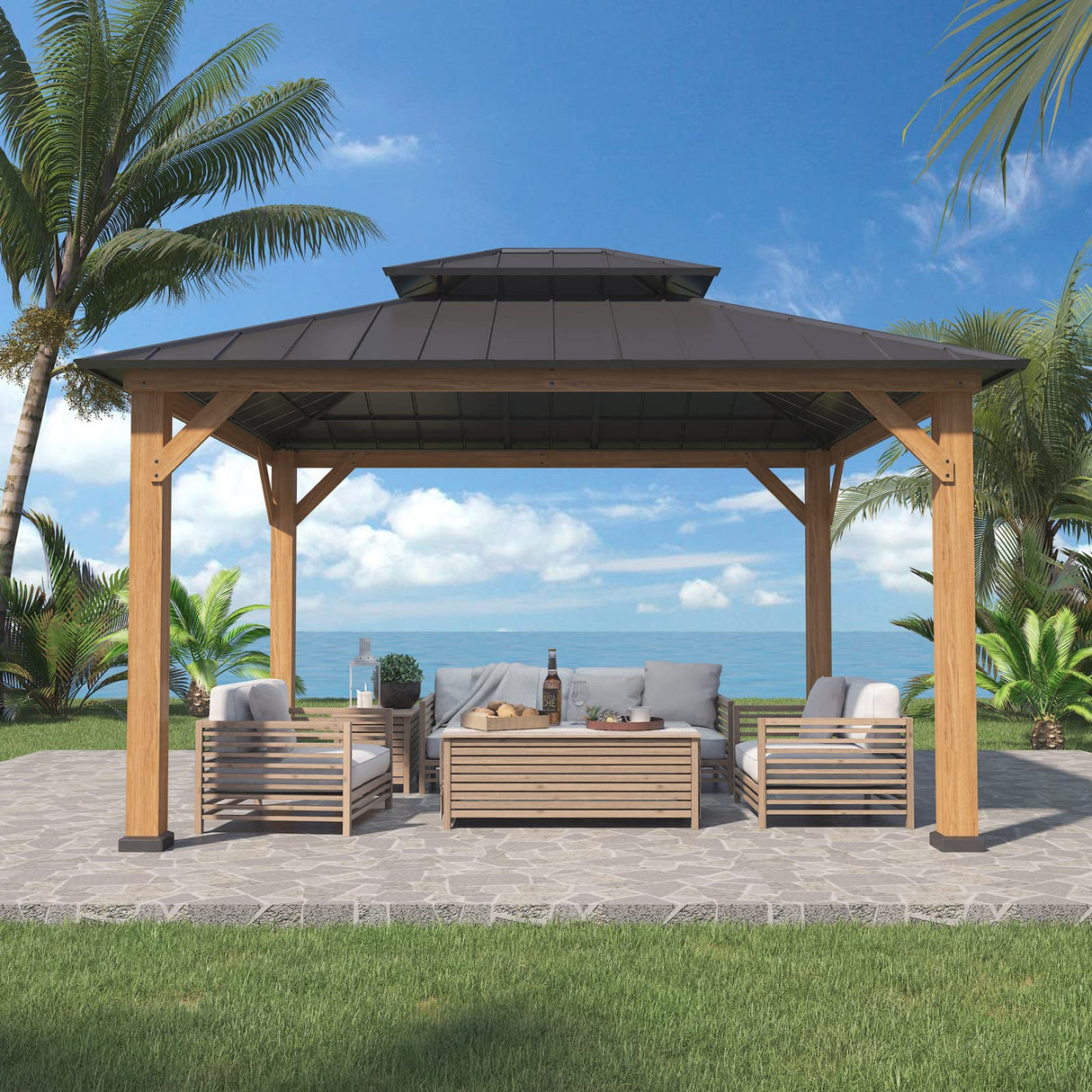 EAGLE PEAK 11x13 Hardtop Wood Gazebo, Outdoor Cedar Wood Frame Pavilion with Galvanized Steel Double Roof, for Garden, Patio, Backyard, Garden, EAGLE PEAK