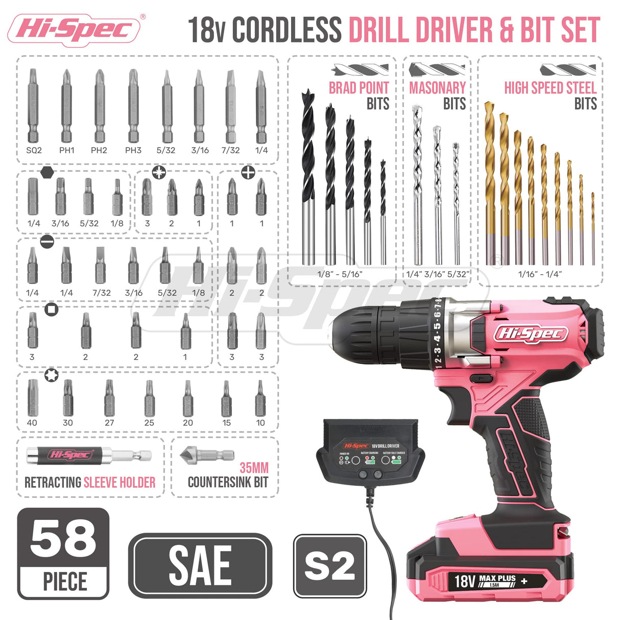 Hi-Spec 58pc Pink 18V Cordless Power Drill Driver, Bit Set & Case. Complete Home & Garage DIY Tool Hi-Spec