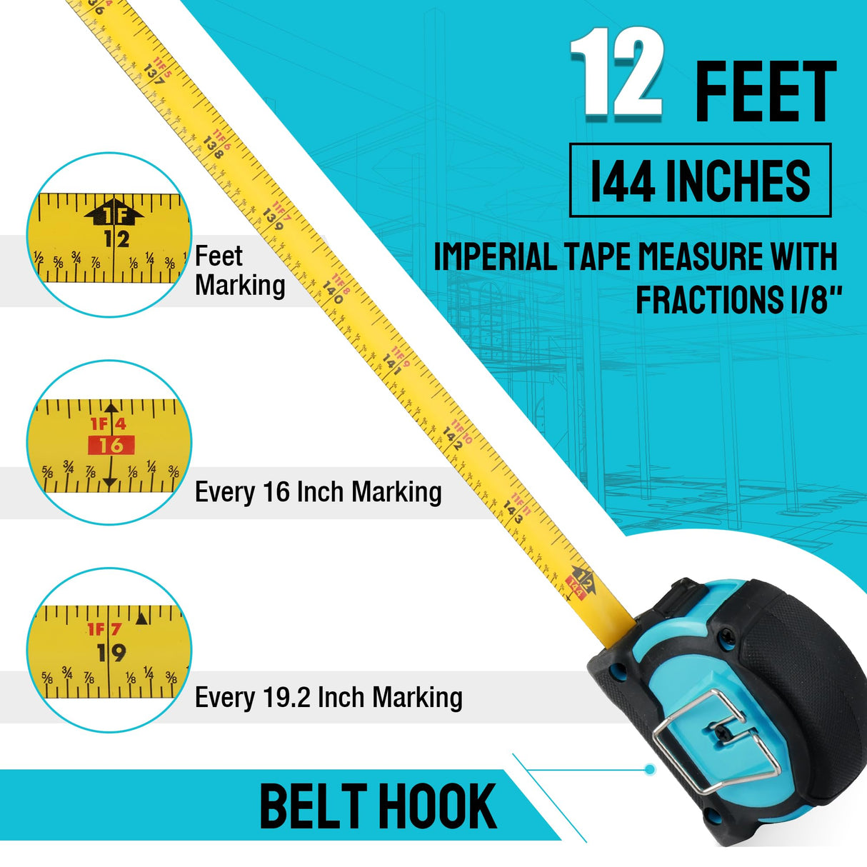 DURATECH Magnetic Tape Measure 12FT with Fractions 1/8, 2 Pack Retractable Measuring Tape, Easy to Read Both Side Measurement Tape, Magnetic Hook and DURATECH