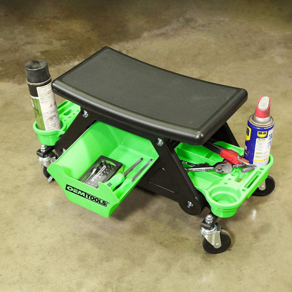 OEMTOOLS 24986 Heavy-Duty Rolling Workbench and Creeper Seat, Mechanics Stool with Wheels, Creepers, Shop Stools With Wheels, Automotive, Green and OEMTOOLS