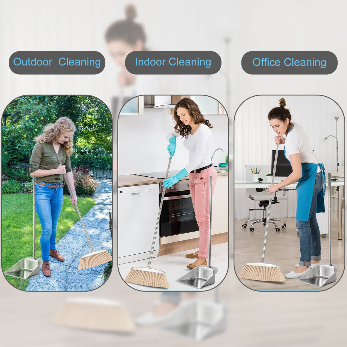 Heavy Duty Dustpan with Long Handle, VOOWO 43" Stainless Steel Dust Pan Standing Upright Dustpan, Indoor Outdoor Dust Pan with Handle for Kitchen and VOOWO