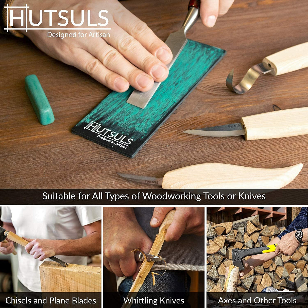 Hutsuls Sloyd Whittling Knife 6.5 in and HUTSULS Premium Black Leather Strop 3 x 8 in 4.0 mm Polishing Compound 1 oz Bundle Hutsuls