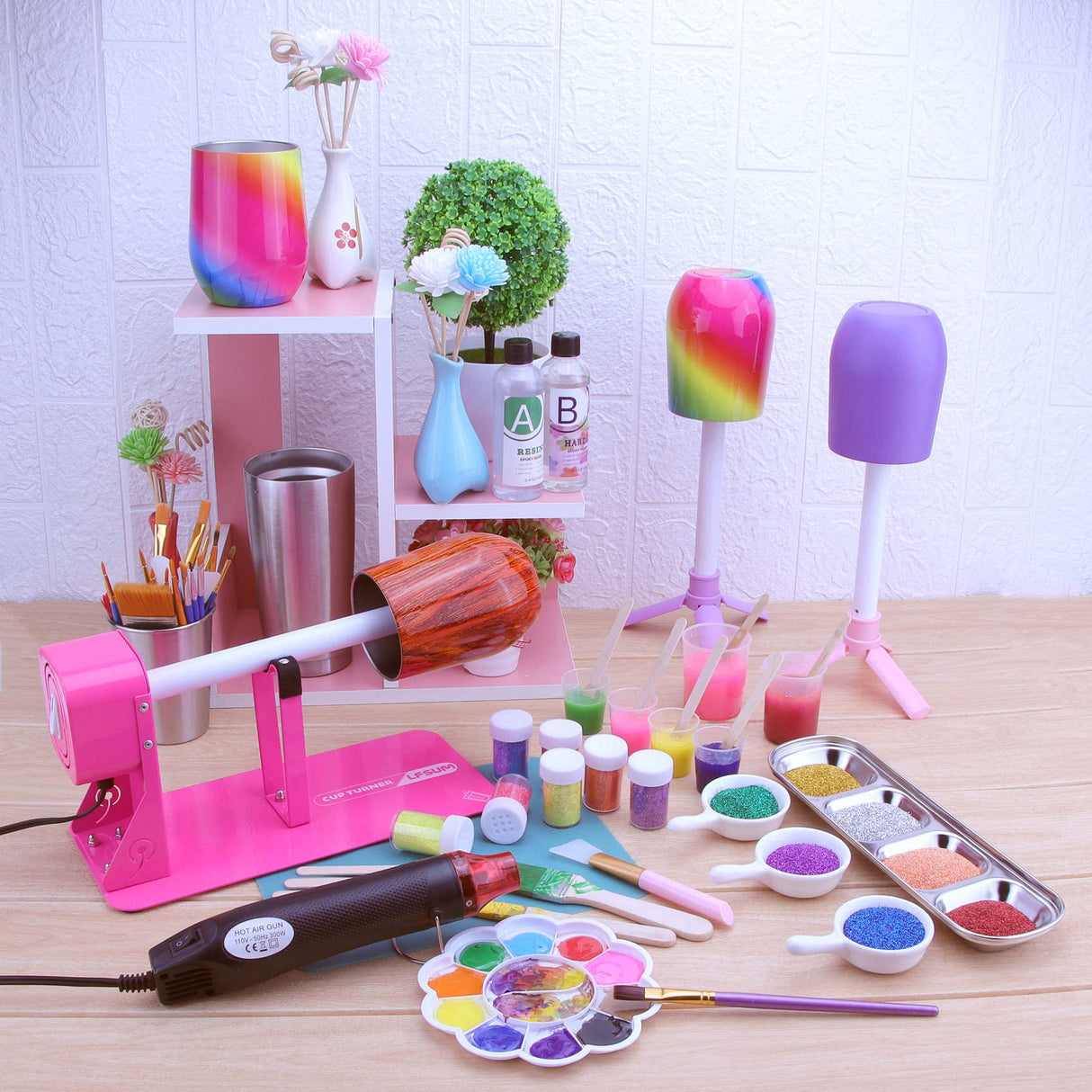 LFSUM Cup Turner for Crafts Tumbler,Tumbler Cup Spinner,Glitter Powder,Epoxy Resin kit for Tumblers for Beginners with Epoxy and Heat Gun (Pink) LFSUM