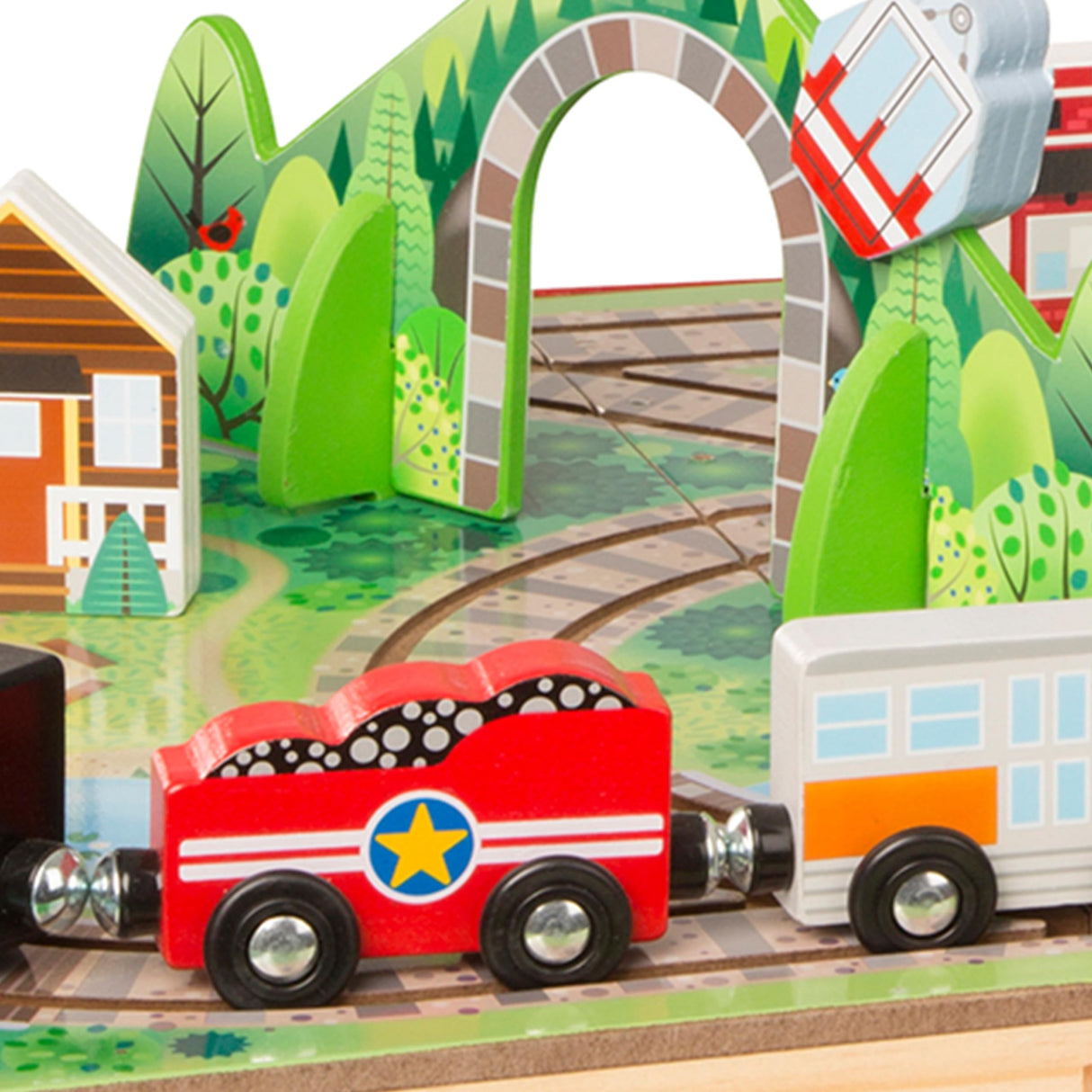 Melissa & Doug 17-Piece Wooden Take-Along Tabletop Railroad, 3 Trains, Truck, Play Pieces, Bridge - Wooden Train Sets For Kids Ages 3+ Melissa & Doug