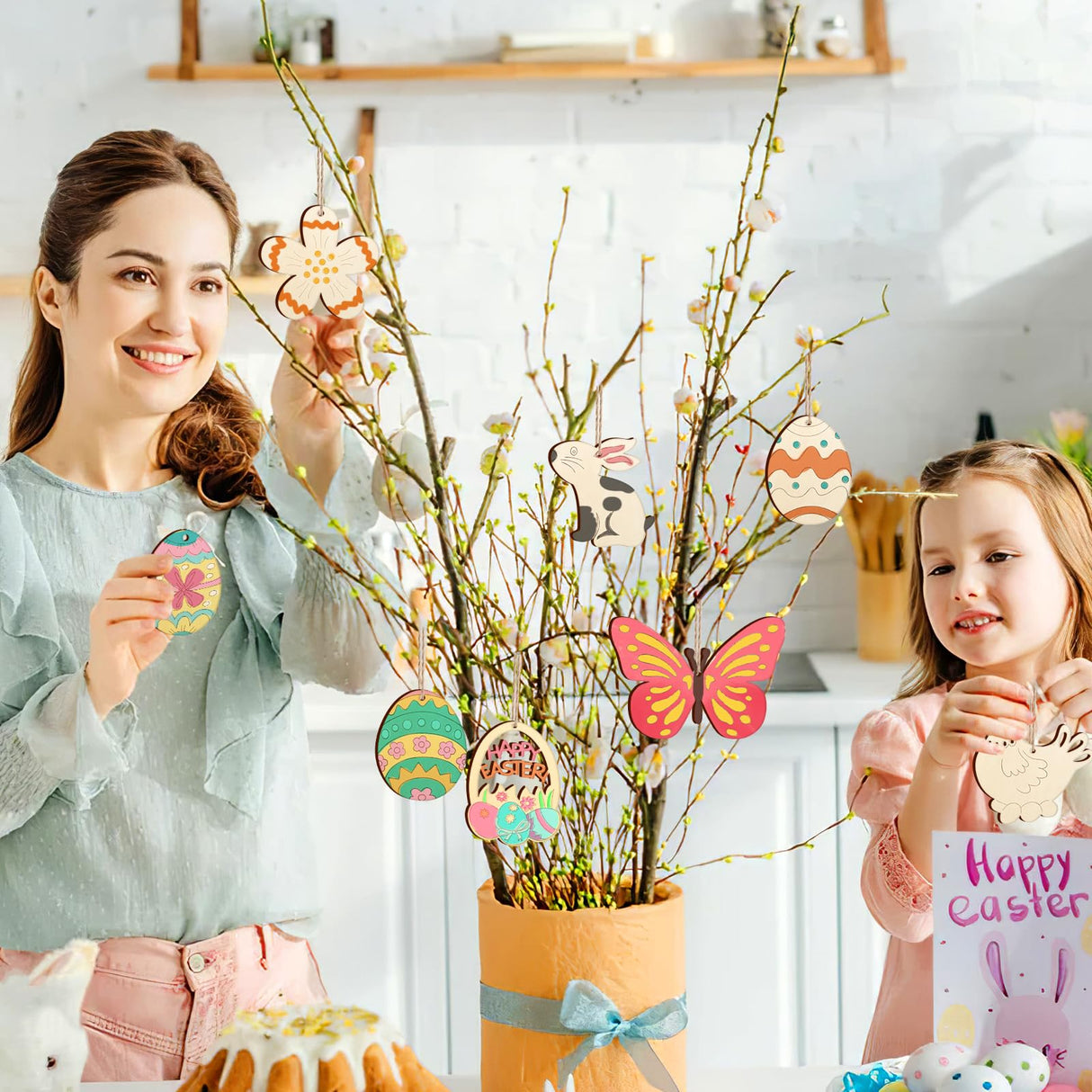 80PCS Wooden Easter Ornaments to Paint, 8 Styles DIY Blank Unfinished Wood Cutouts Ornament for Crafts Hanging Decorations, Egg Rabbit Bunny Sophena