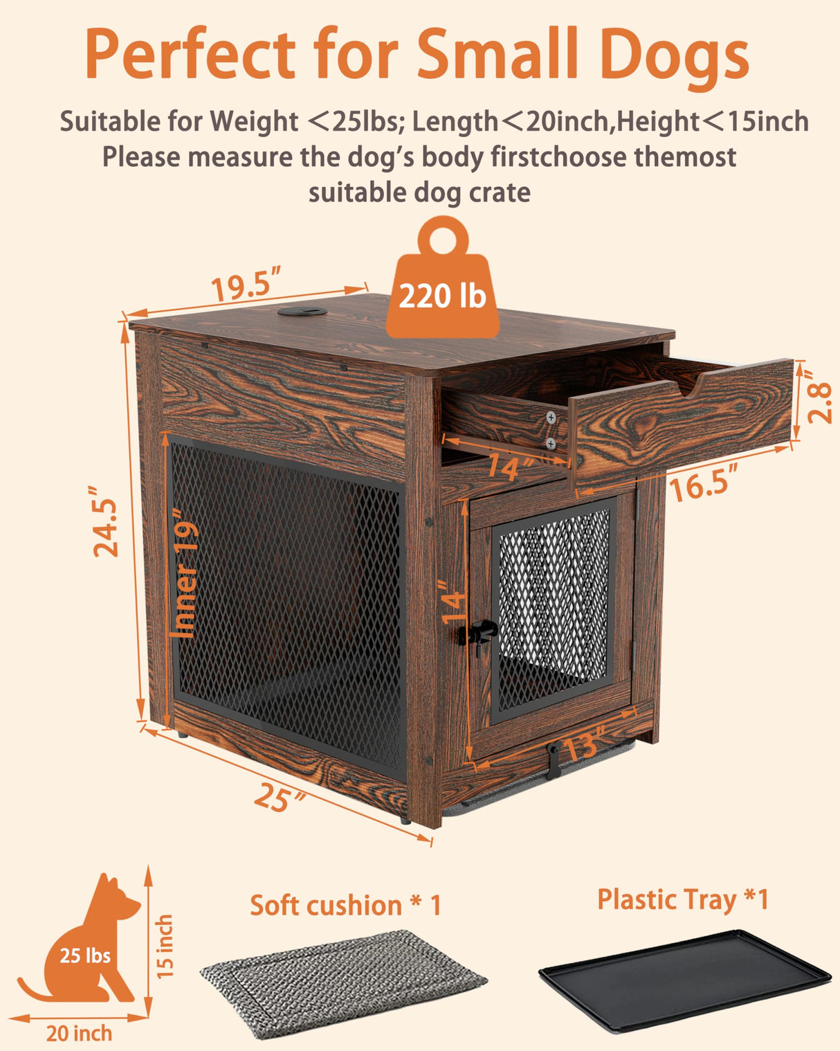 Piskyet Dog Crate Furniture,Wooden Dog Crate End Table with Storage Drawer&Cushion&Tray, QC3.0 Wireless Fast Charging&Dual USB, Dog Crate Indoor Piskyet