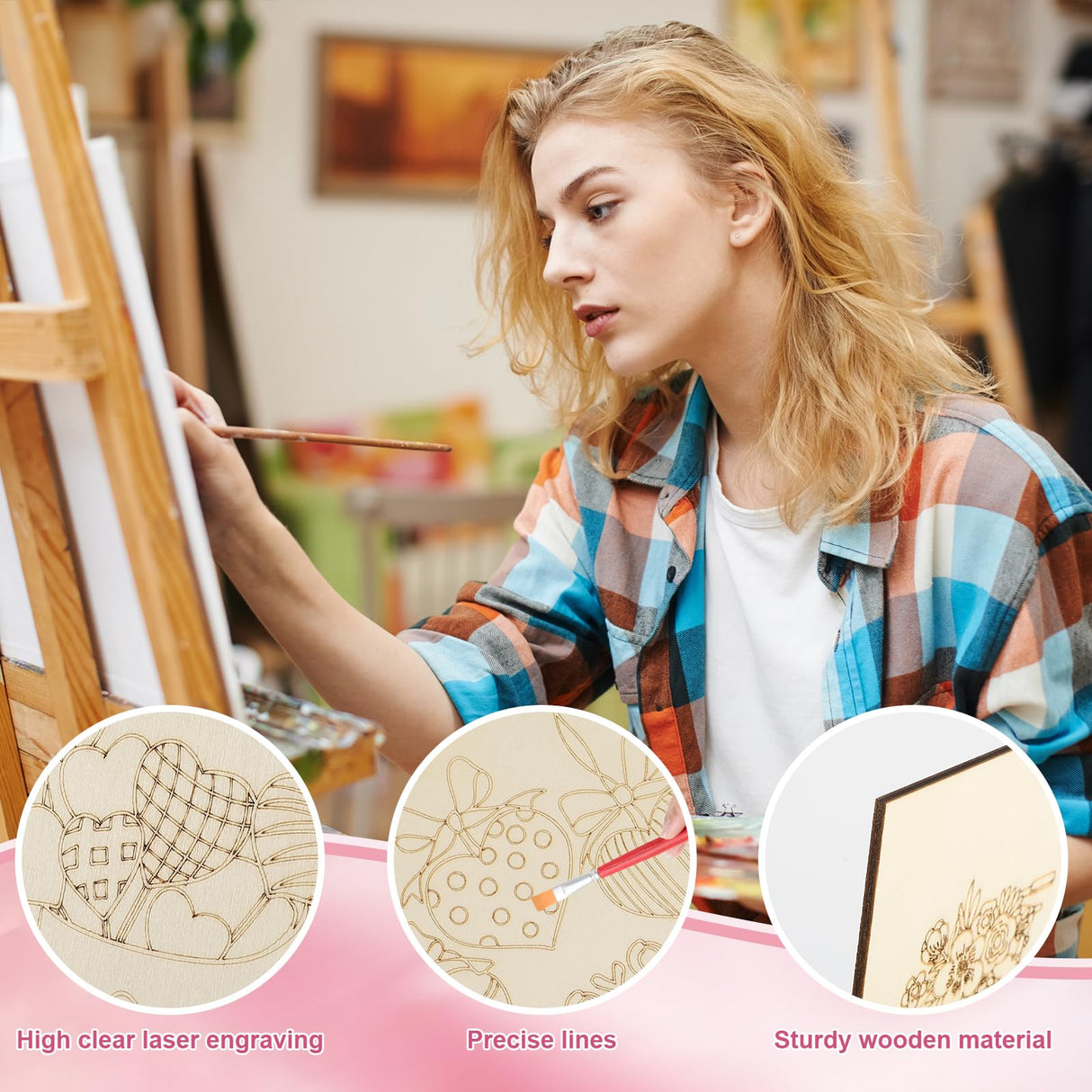 COCHIE DIY Wooden Ornaments to Paint for Kids Valentine's Day Party, 12 Pieces Unfinished Predrilled Wood Slices for Crafts with Laser Carving Line COCHIE