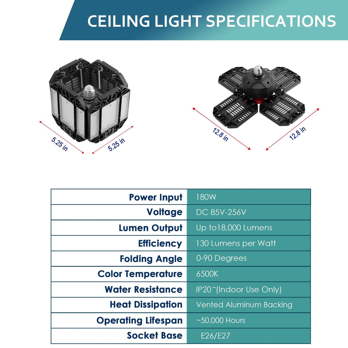 LED Garage Light - 1 Pack - Super Bright 1800 Lumen LED Ceiling Light with 12 Adjustable Panels - Easily Screws Into Standard E27 Bulb Socket - LED Asani