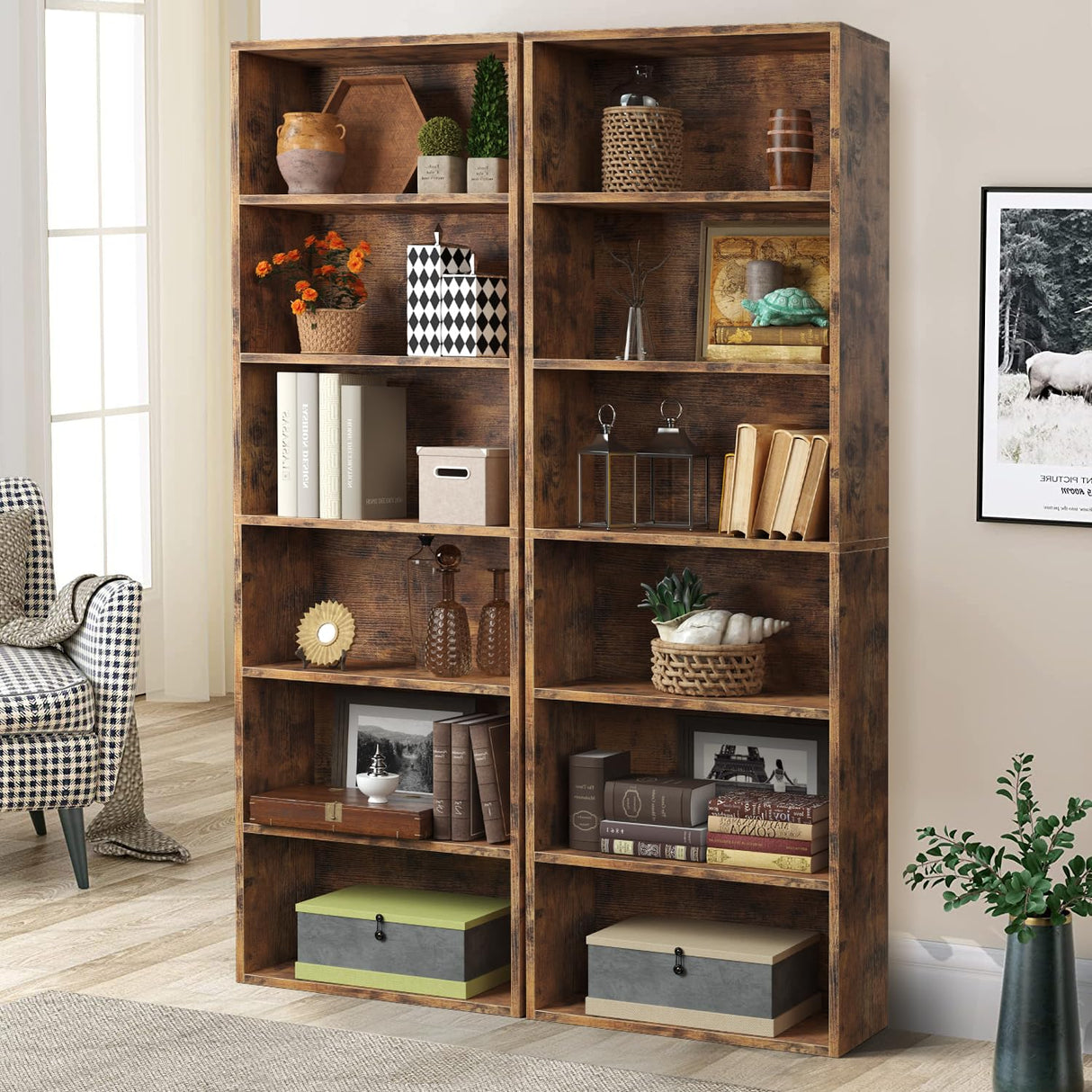 6-Tier Brown Wooden Bookshelf with Cabinet Doors - Multi-Functional Storage for Home Office and Living Spaces oneinmil