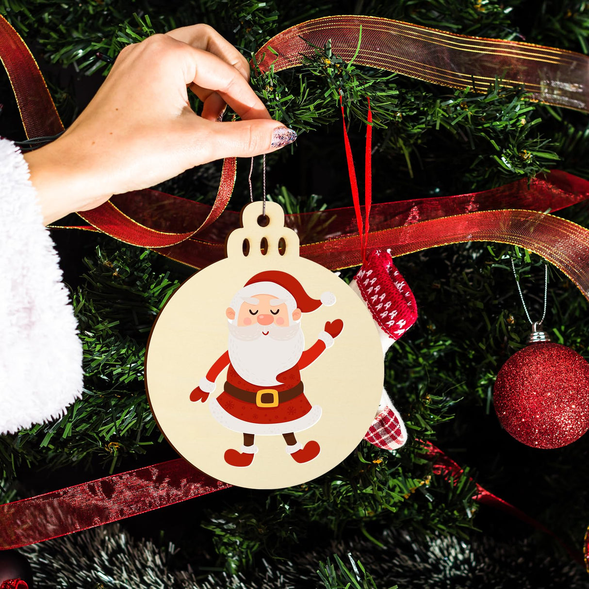 Soaoo 24 Pcs Extra Large 7" Christmas Round Wooden Discs Wooden Christmas Ornaments Hanging Wood Circles DIY Blank Unfinished Wood Slices with Holes Soaoo