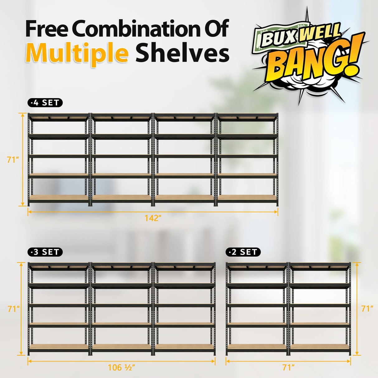 BuxWellBang 48" W x 24" D x 72" H Adjustable Garage Storage Shelves - 5-Shelf Heavy Duty Shelving Unit, Metal Utility Storage Organizer Racks for BuxWellBang