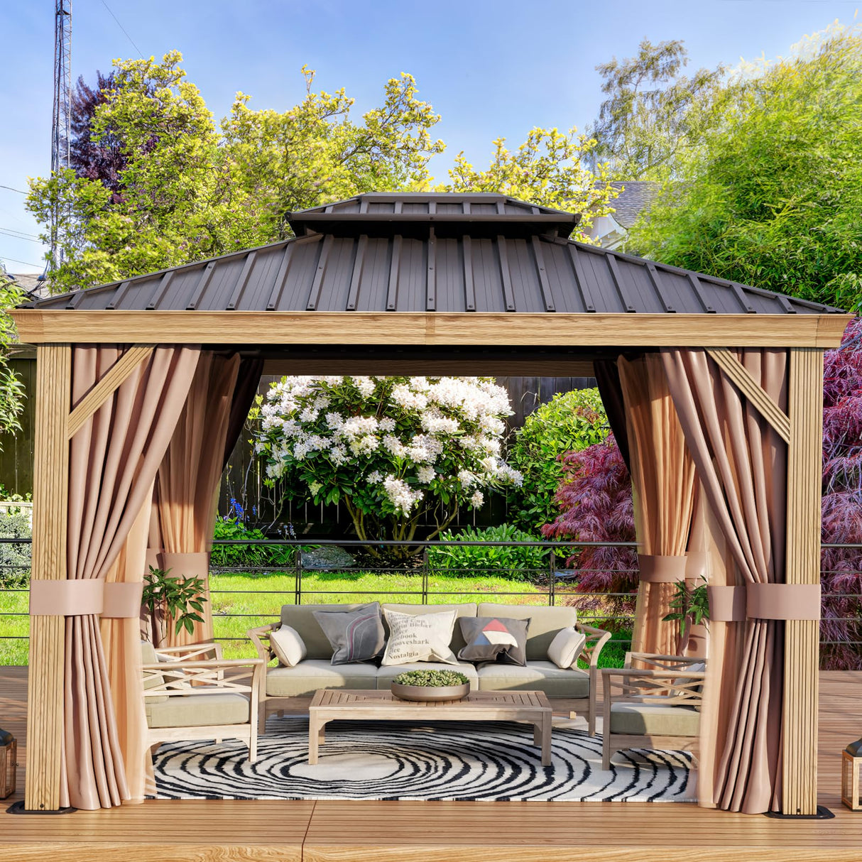 Aoxun 10' x 12' Gazebo, Wooden Finish Coated Aluminum Frame Canopy with Dual-Layer Galvanized Steel Hardtop Top, Outdoor Metal Pavilion with Privacy Aoxun