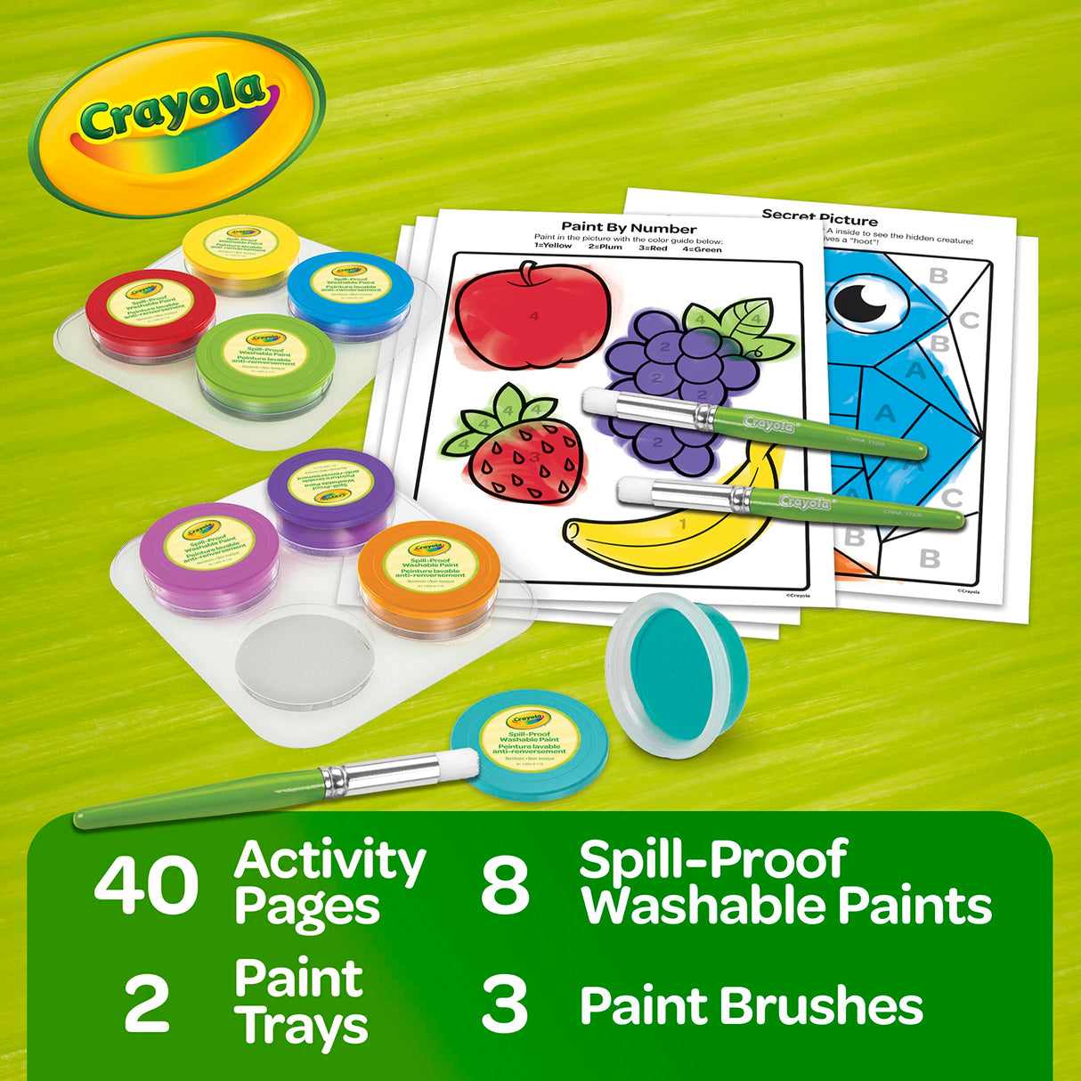 Crayola Spill Proof Paint Set (8ct), Washable Toddler Paint Kit, with Activity Pages, Kids Paint Brushes, Paint Pots, Ages 3+ Crayola