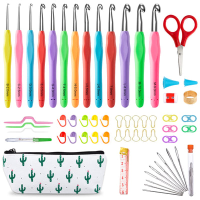 73 Pack Crochet Hooks Set, 13 PCS 2mm(B)-10mm(N) Ergonomic Soft Grip Crochet Handles Yarn Knitting Needles Kit with Case for Arthritic Hand, Inscraft