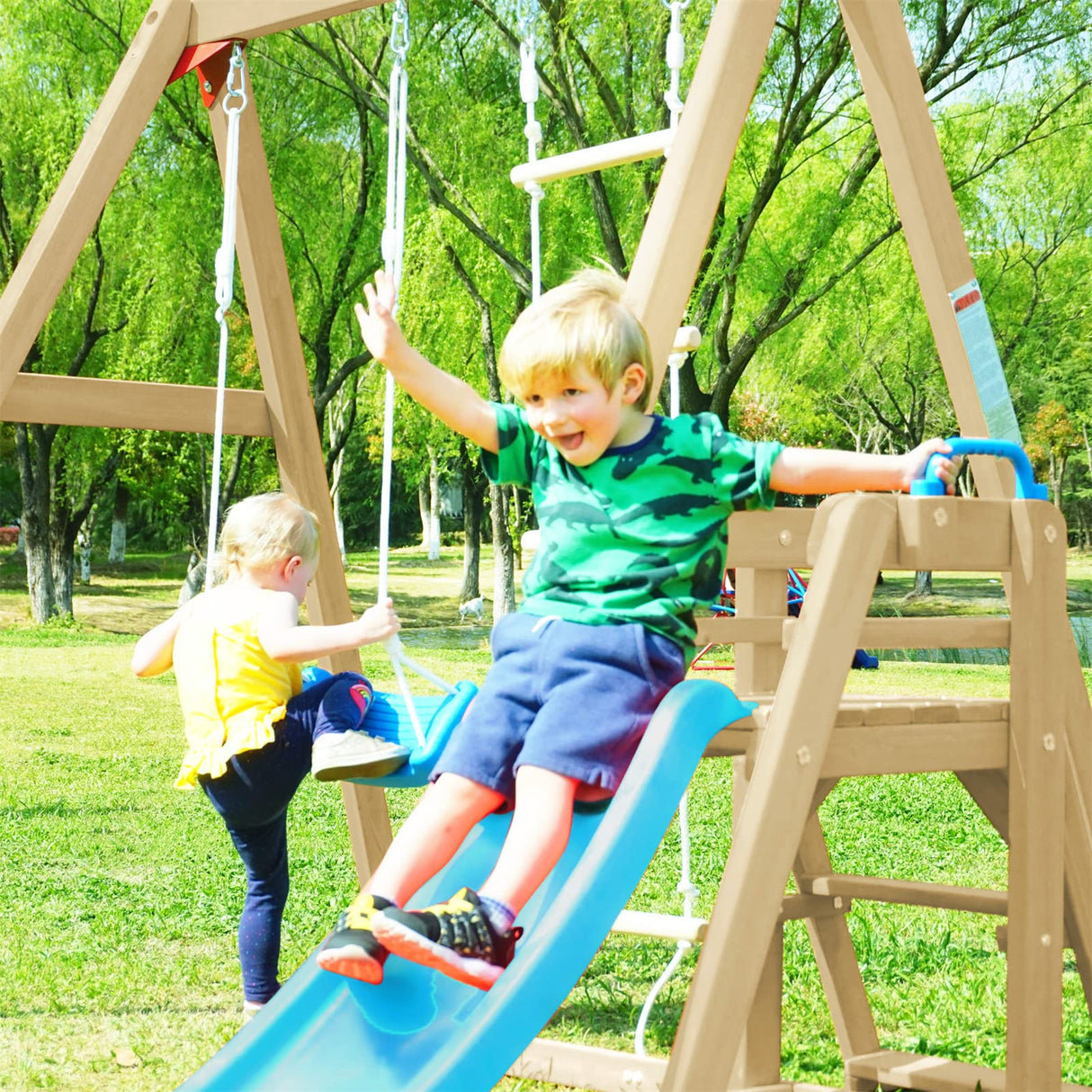 Wooden Swing Set with Slide, Outdoor Playset Backyard Activity Playground Climb Swing Outdoor Play Structure, Ready to Assemble Wooden Swing-N-Slide TURRIDU