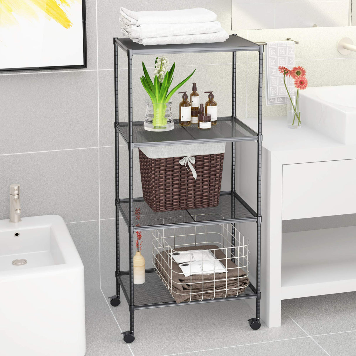 OVICAR 4-Tier Wire Storage Shelves, Adjustable Shelving Units with Wheels, Steel Metal Storage Rack for Kitchen Pantry Closet Laundry, Durable OVICAR