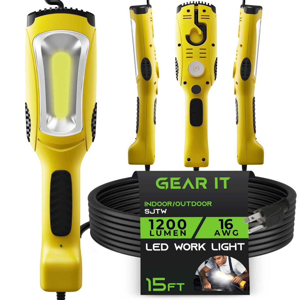 GearIT LED Work Light (15 feet) 1200 Lumen COB LED - 16 Gauge SJTW Indoor/Outdoor NEMA 5-15R Extension Cord - Handheld, Rotating Hanger, Magnetic GearIT
