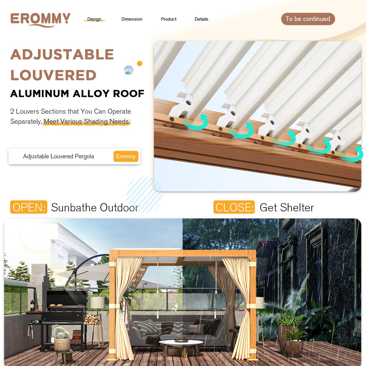 EROMMY Louvered Pergola 10' x 10' Outdoor Hard Top Gazebo with Wooden Grain Aluminum Frame and Adjustable Metal Rainproof Roof for Garden & Patio, EROMMY