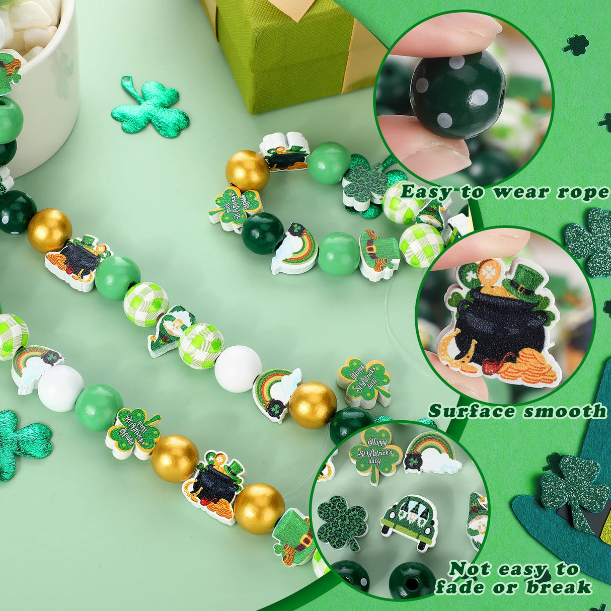 200 Pieces St. Patrick's Day Wood Beads Green Wood Spacer Beads Farmhouse Polished Wood Round Beads St. Patrick's Day Wooden Craft Beads for Patrick Queekay