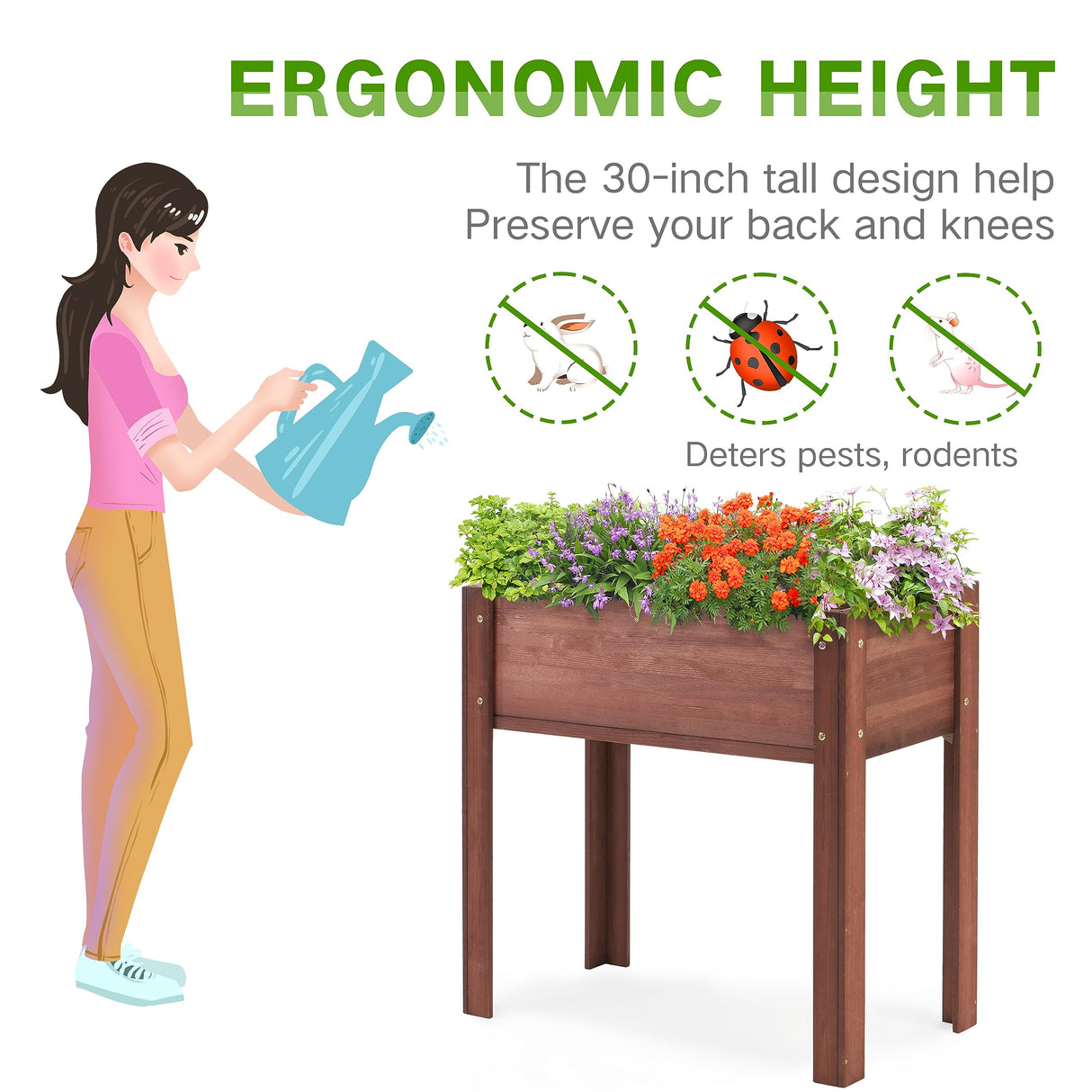 Raised Garden Bed with Legs (31x16x31''), Solid Wood Elevated Planter Box for Outdoor Wood-Natrl