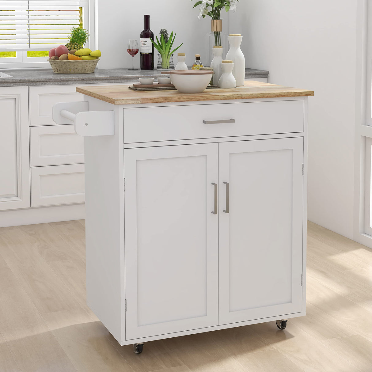 RASOO Kitchen Island on Wheels White Rolling Trolley Cart Island Cart Storage Cabinet with Rubber Solid Wood Countertop One Drawer and 2 Doors Towel RASOO